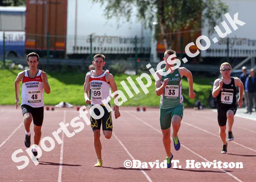 Decathlong 100 metres, from left to right: Martin Ferguson, Richard Kaufman (both Gateshead), Shane Aston (Trim AC, Ireland),  Ian Cowell (Tynedale), Hexham Decathlon and Heptathlon. Photo: David T. Hewitson/Sports for All Pics